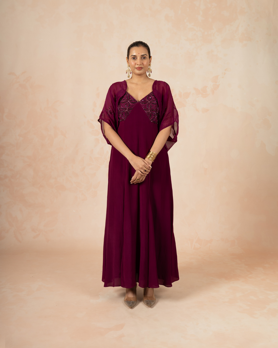 Tarini | Wine Colour Crepe Silk Embroidered Strappy Dress