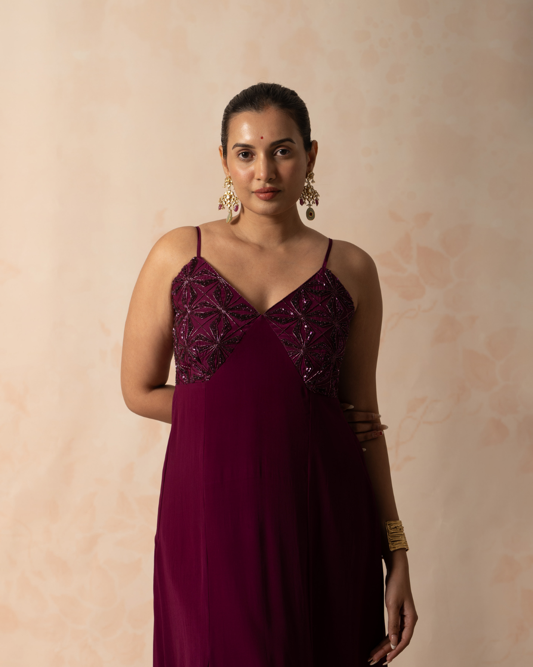 Tarini | Wine Colour Crepe Silk Embroidered Strappy Dress