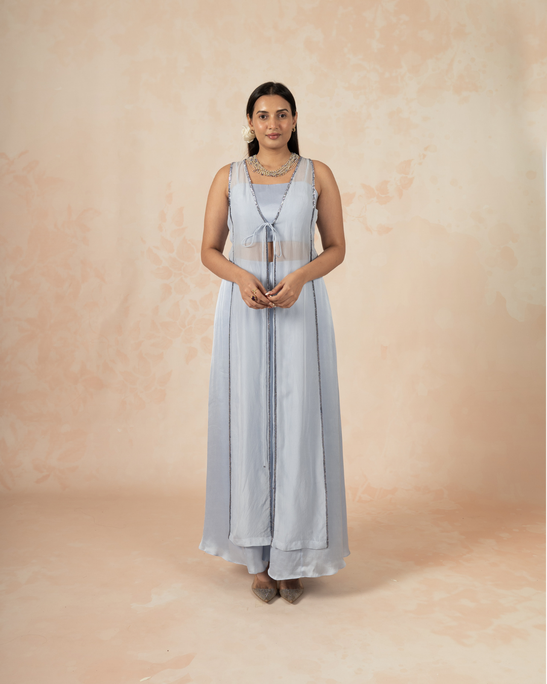 Isha | Greyish Blue Organza Embroidered Jacket