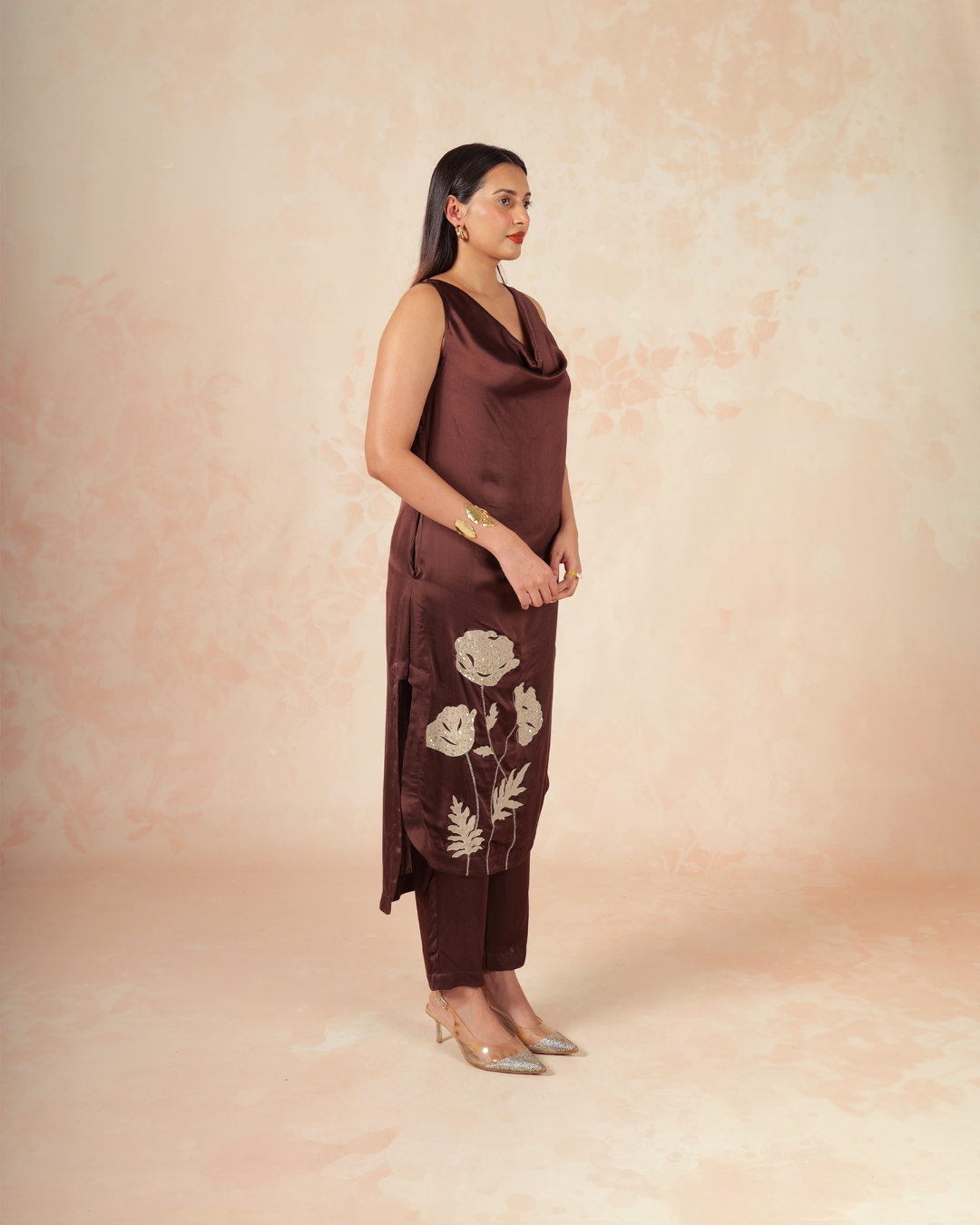 Iha | Brown Modal Satin Cowlneck Embroidered Kurta