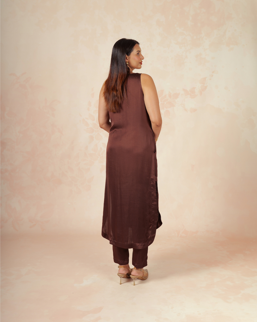 Iha | Brown Modal Satin Cowlneck Embroidered Kurta