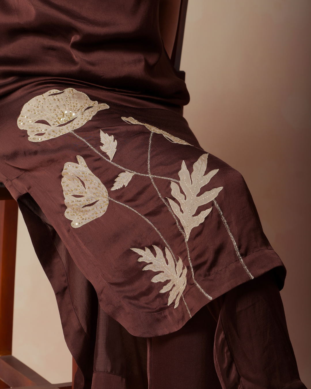 Iha | Brown Modal Satin Cowlneck Embroidered Kurta