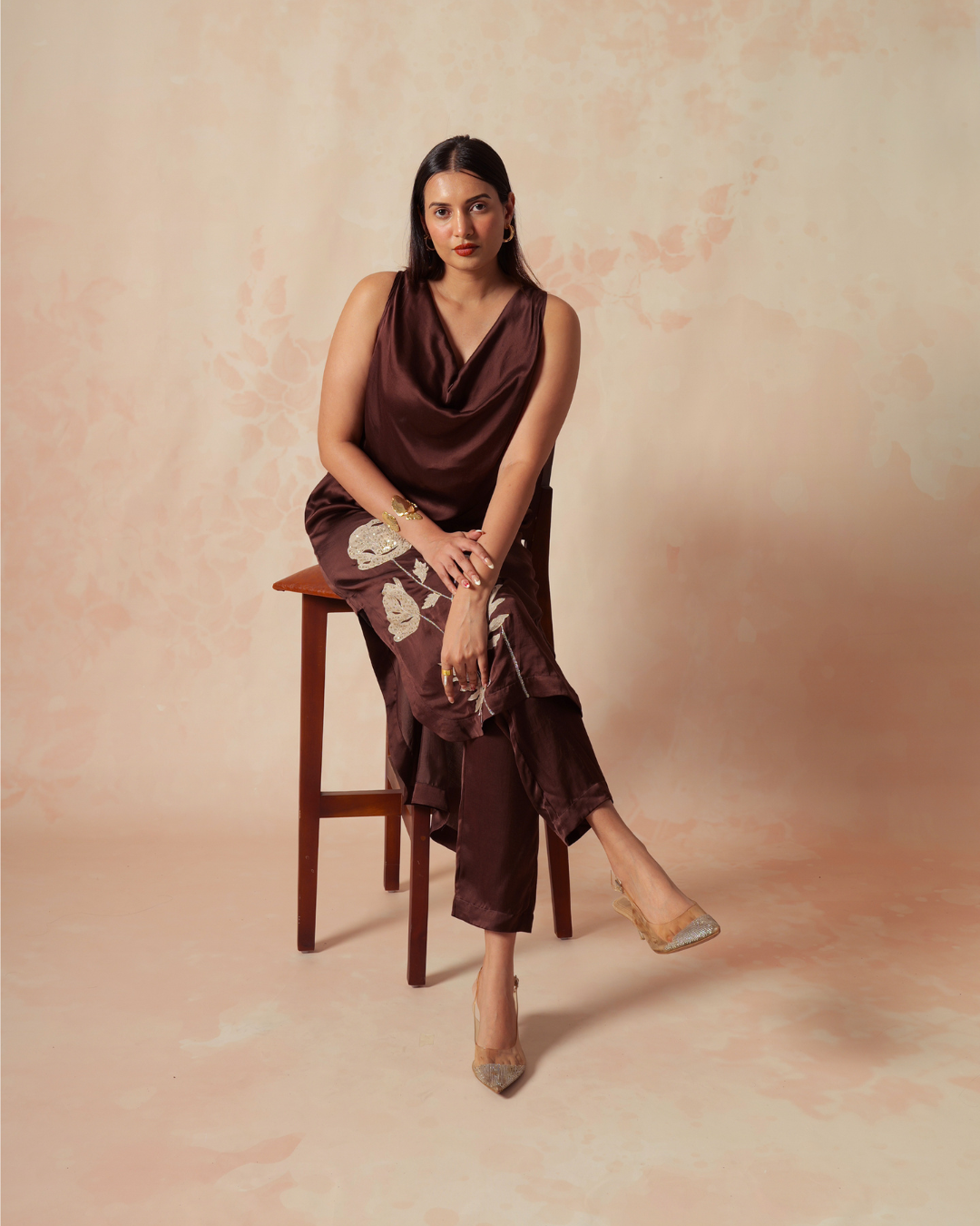 Iha | Brown Modal Satin Cowlneck Embroidered Kurta