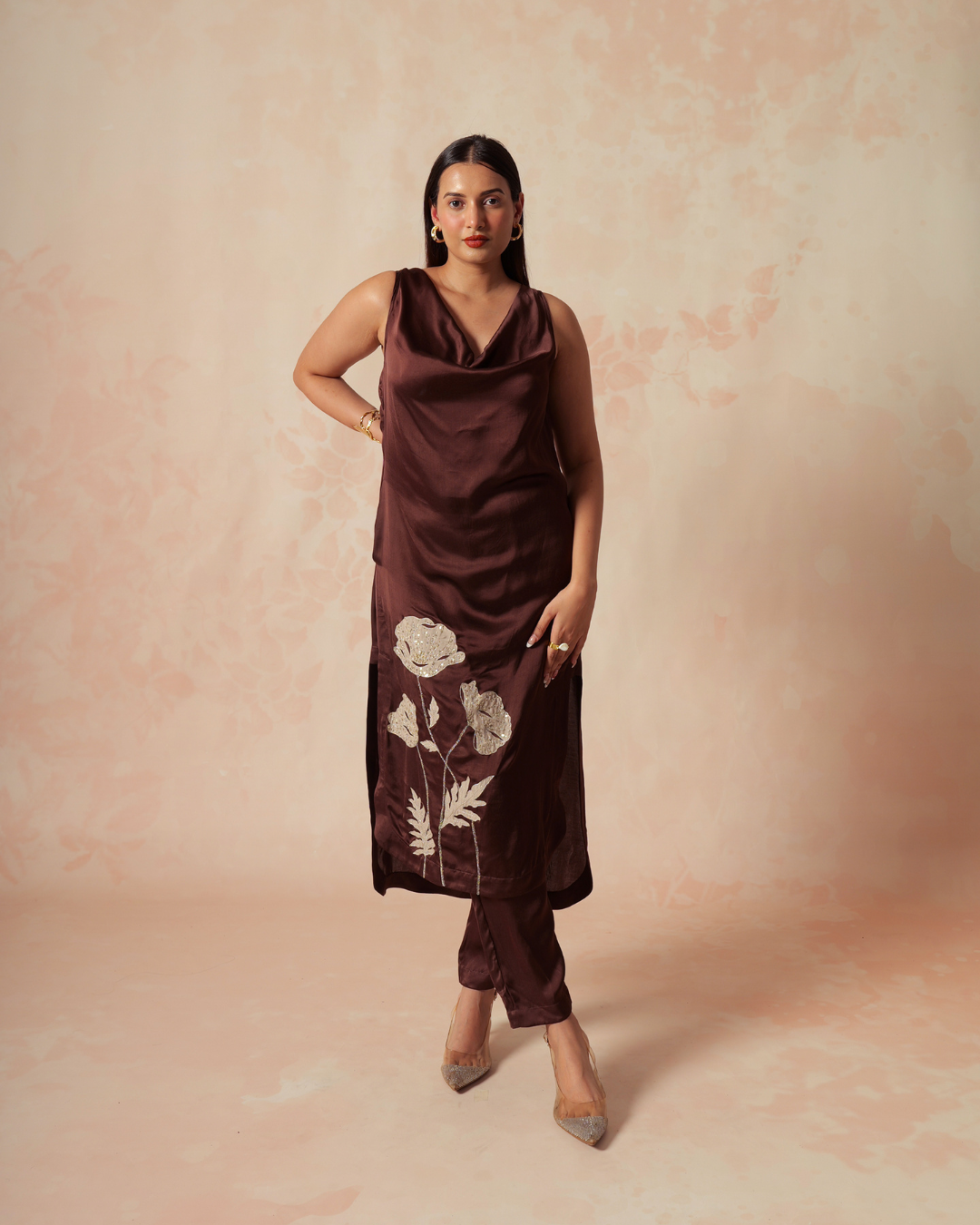 Iha | Brown Modal Satin Cowlneck Embroidered Kurta