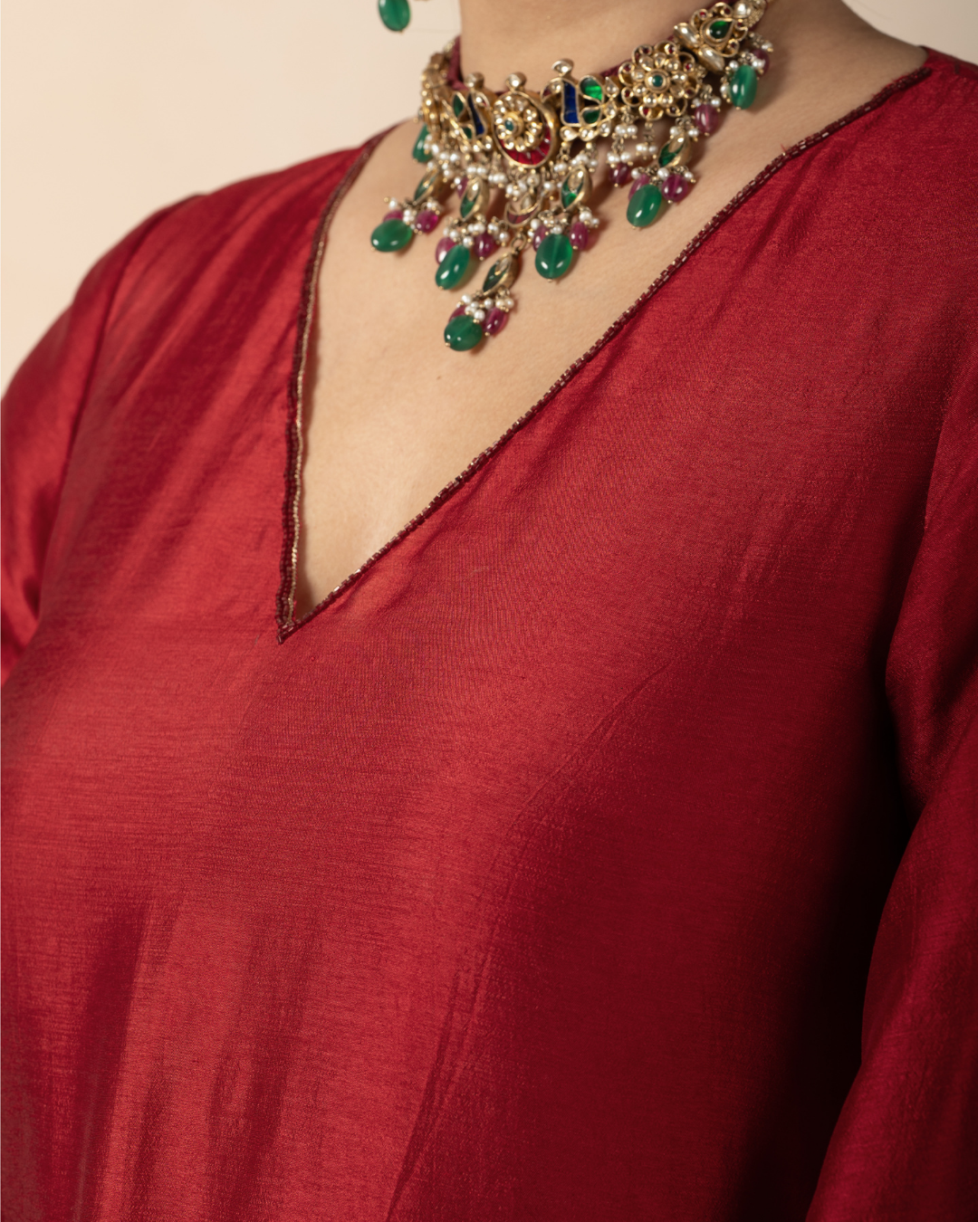 Fida | Maroon Russian Silk V-Neck Kurta