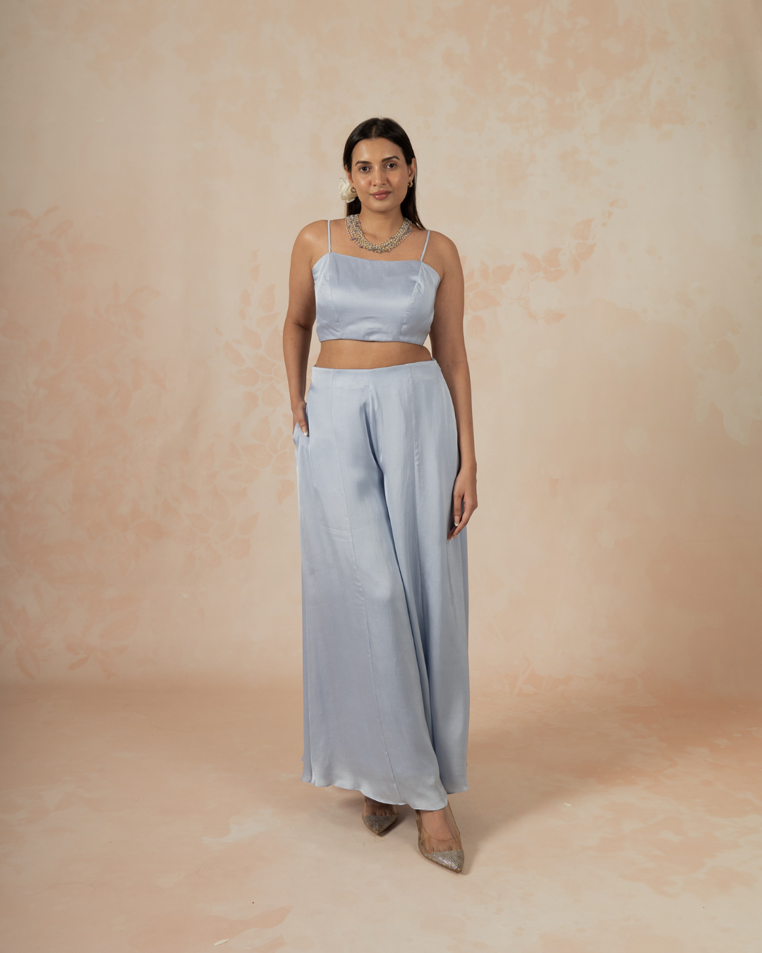 Isha | Greyish Blue Modal Satin Crop Top