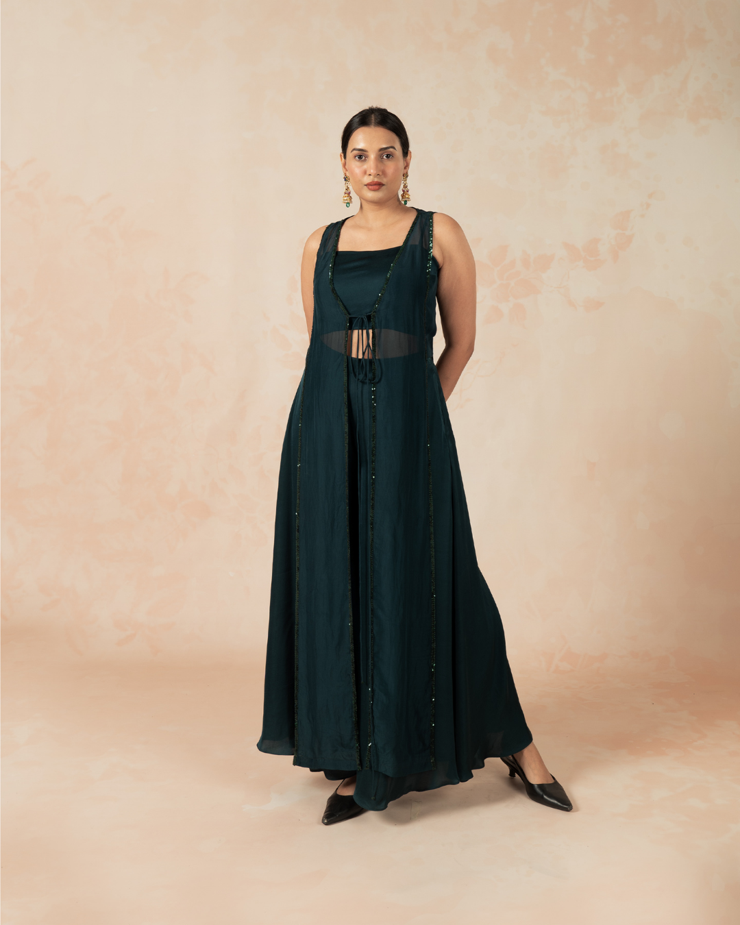 Isha |  Emerald Green Modal Satin  Flared Trouser