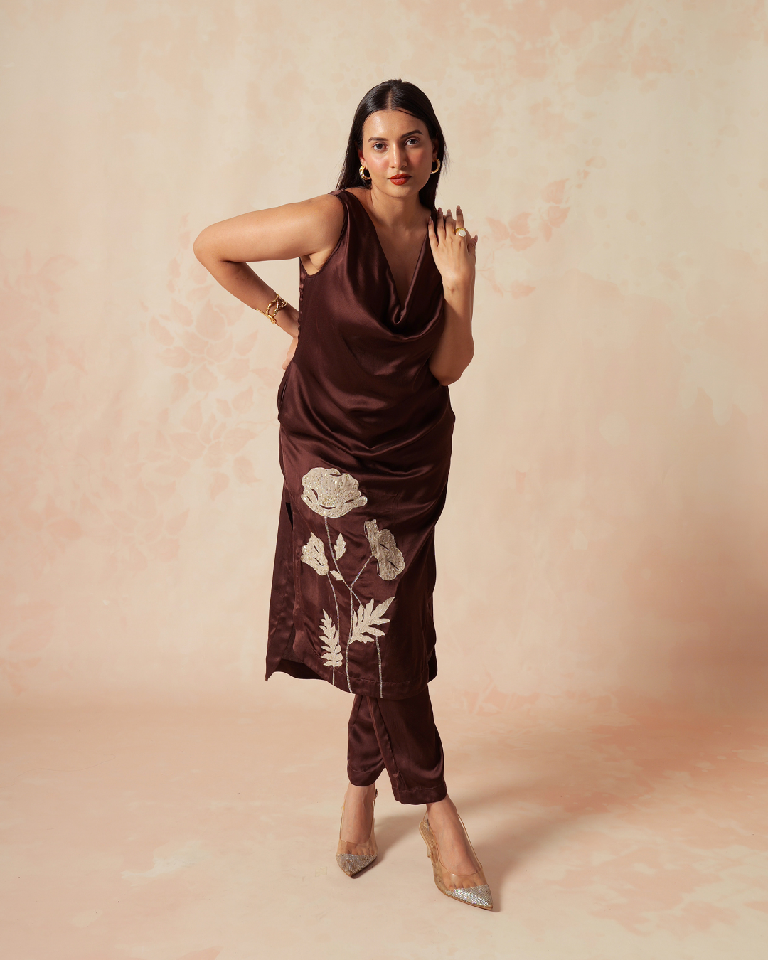 Iha | Brown Modal Satin Straight Trouser