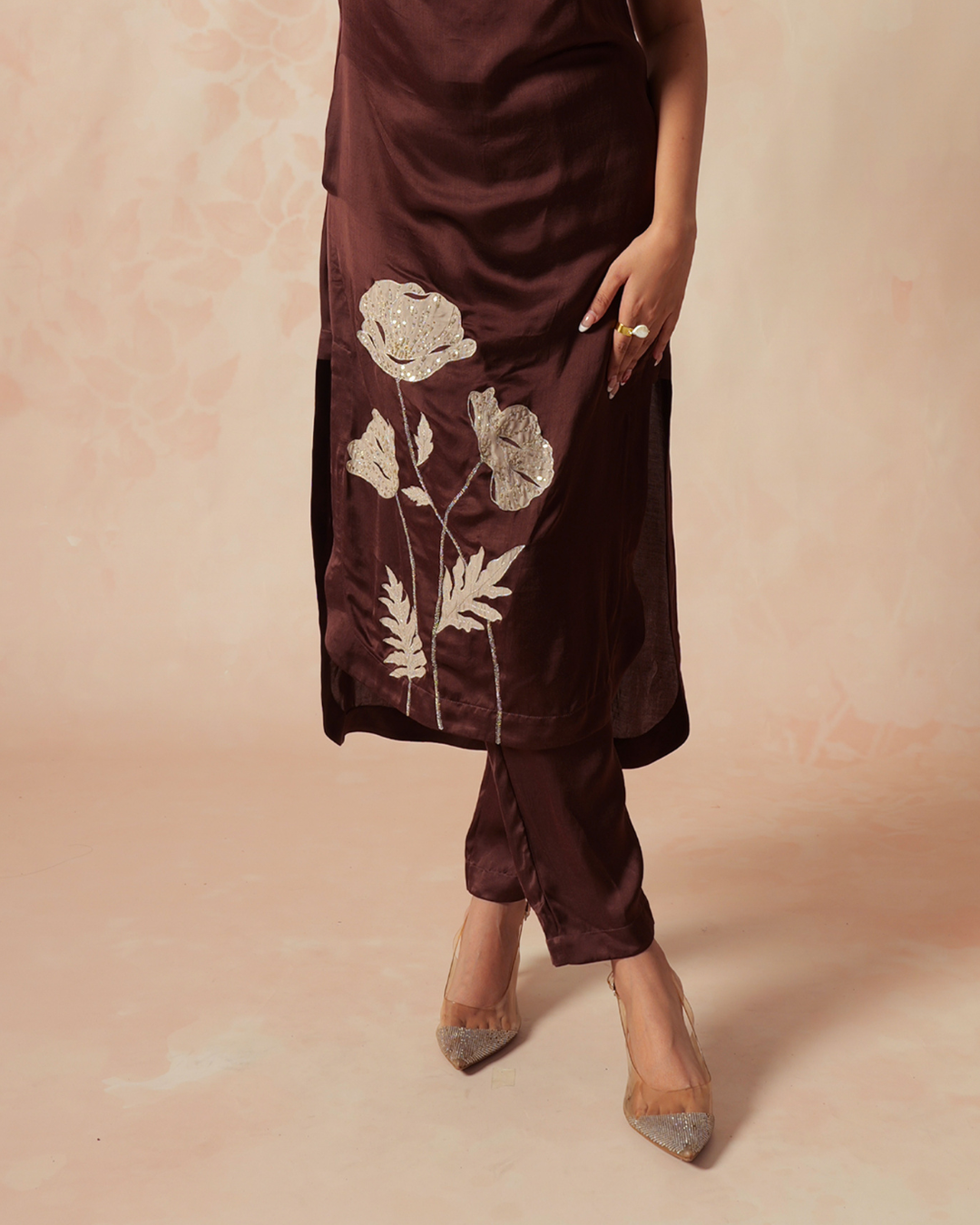 Iha | Brown Modal Satin Straight Trouser