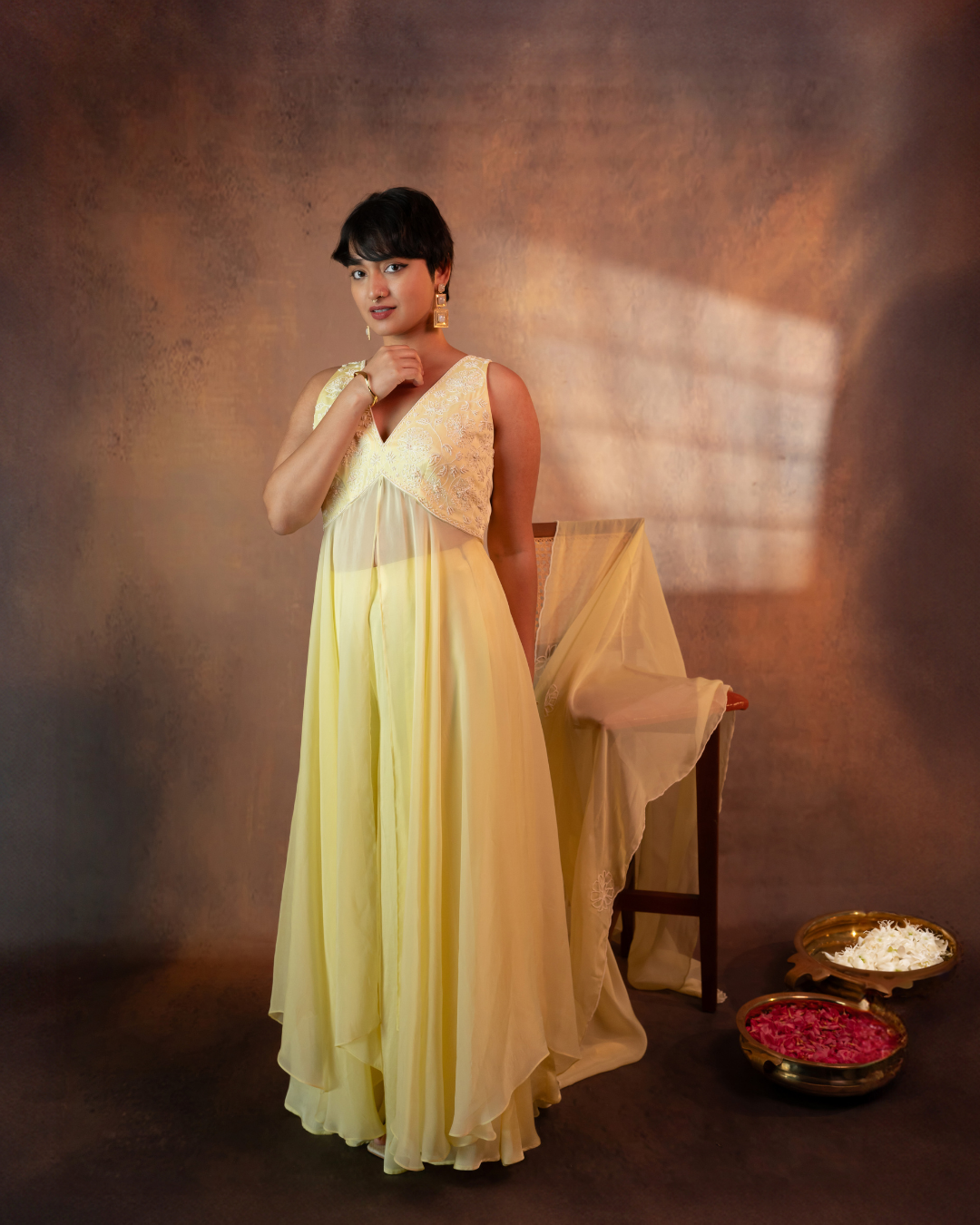 Sitara | Buttercup Yellow Deep V-neck Organza Anarkali