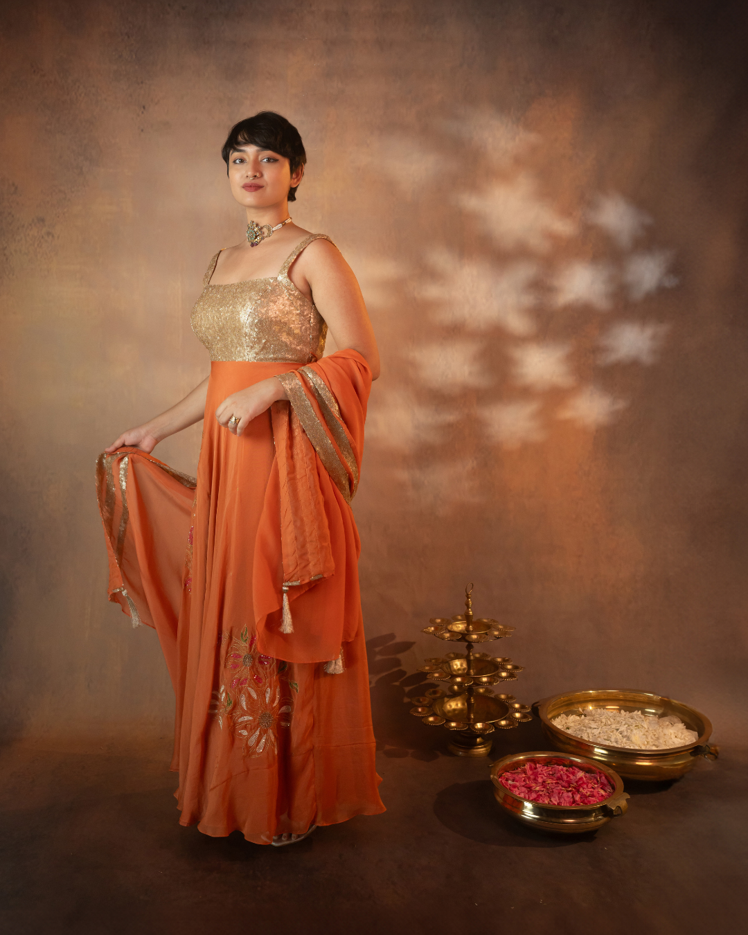 Tarangini | Burnt Orange-Gold Deep V-neck organza Anarkali