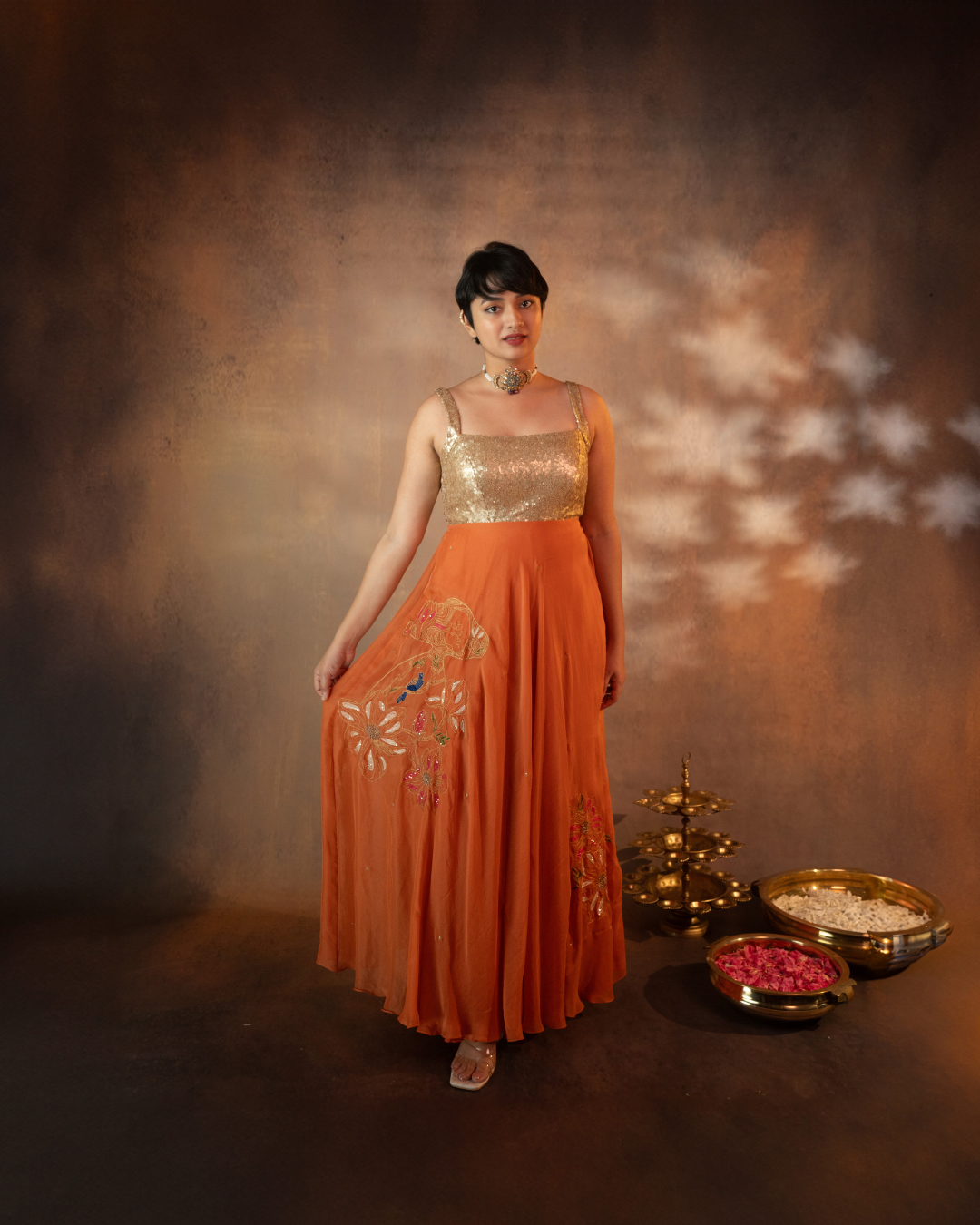 Tarangini | Burnt Orange-Gold Deep V-neck organza Anarkali