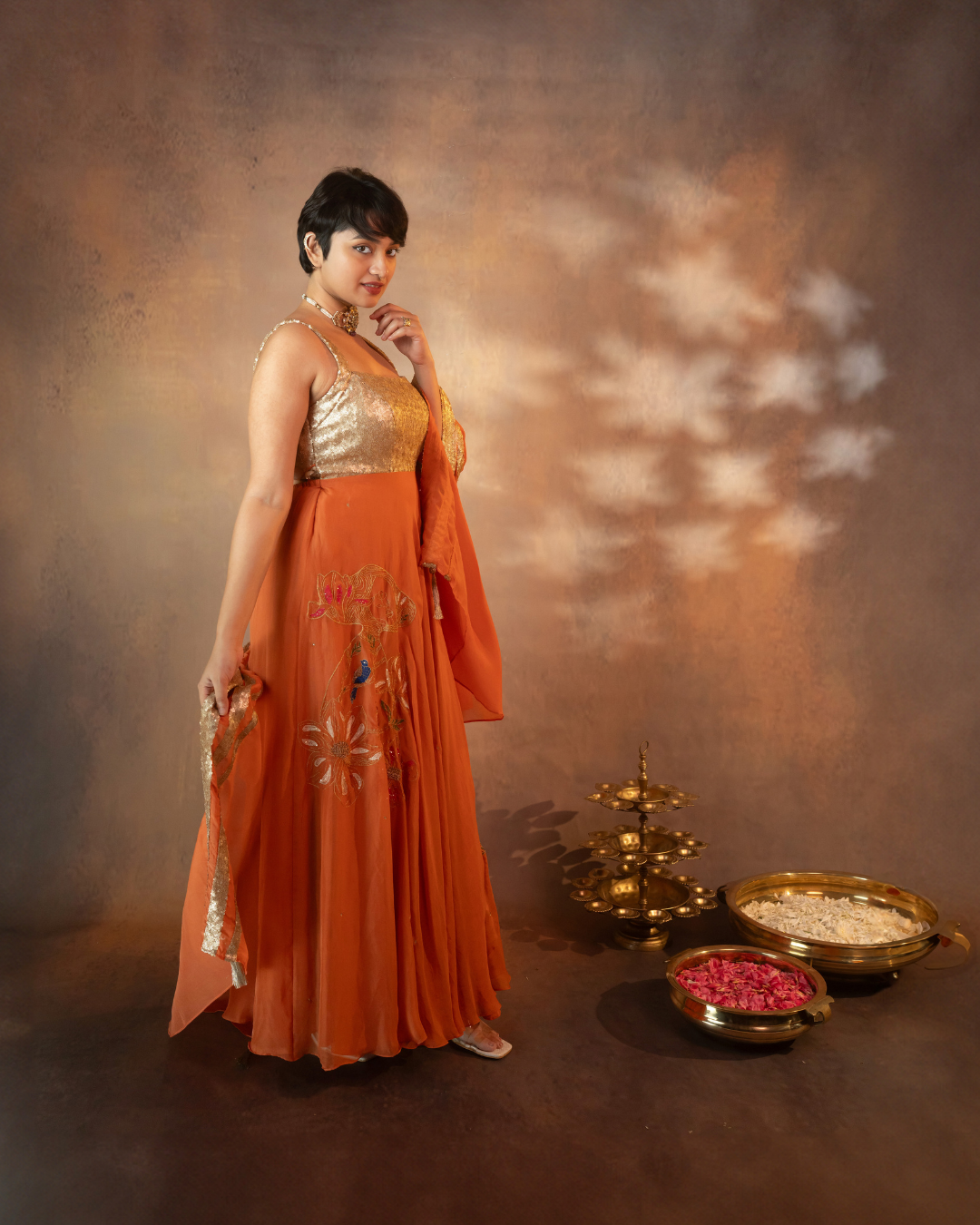 Tarangini | Burnt Orange-Gold Deep V-neck organza Anarkali