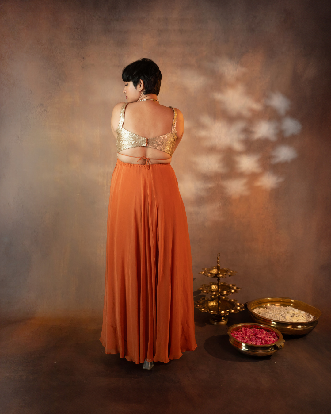 Tarangini | Burnt Orange-Gold Deep V-neck organza Anarkali