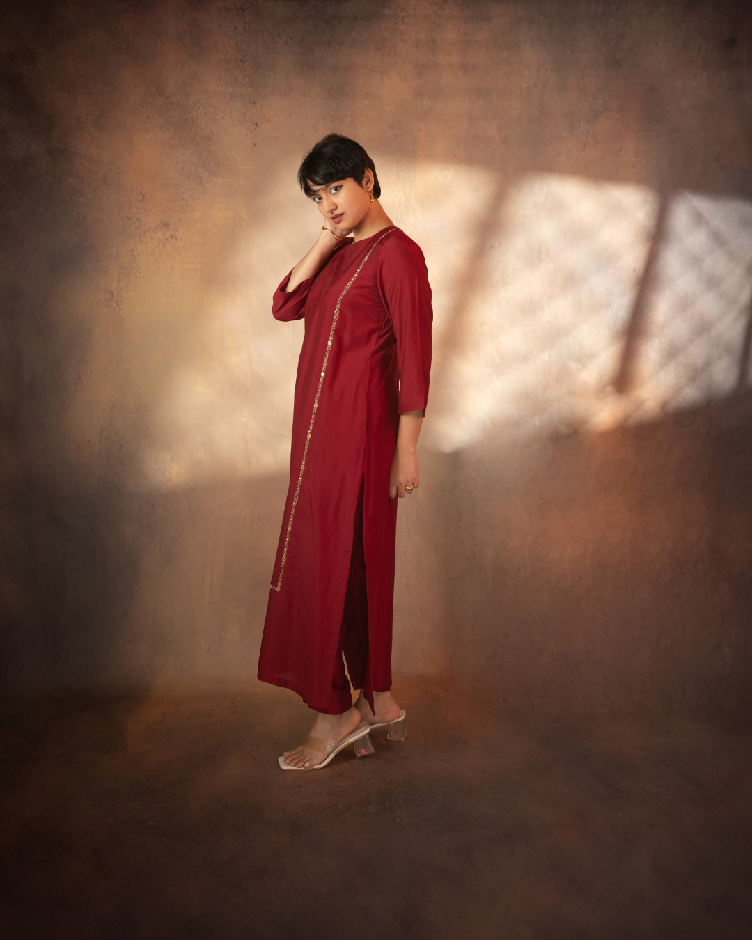 Surabhi | Maroon Muslin Silk Straight-fit Trousers