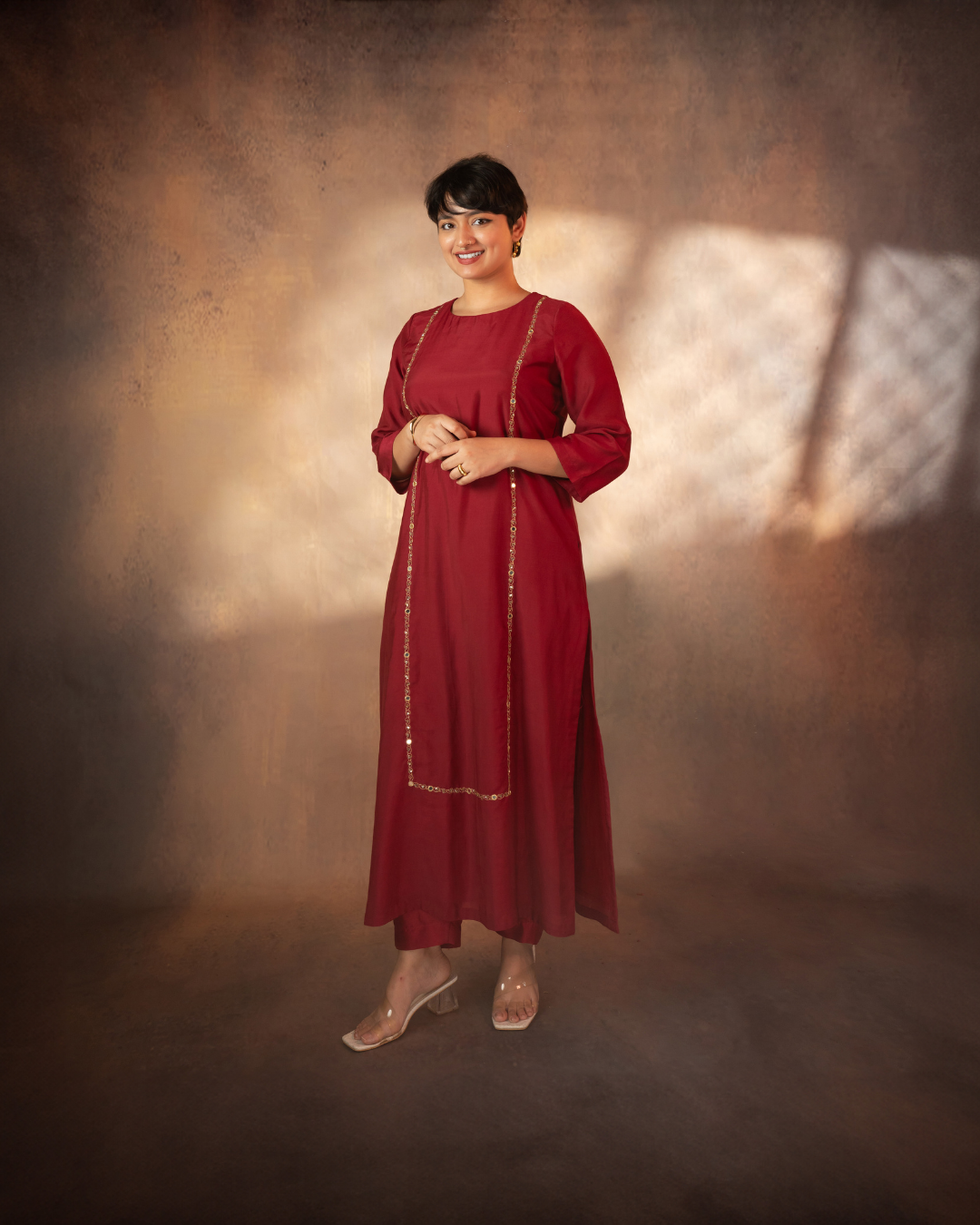 Surabhi | Maroon Muslin Silk Straight-fit Trousers