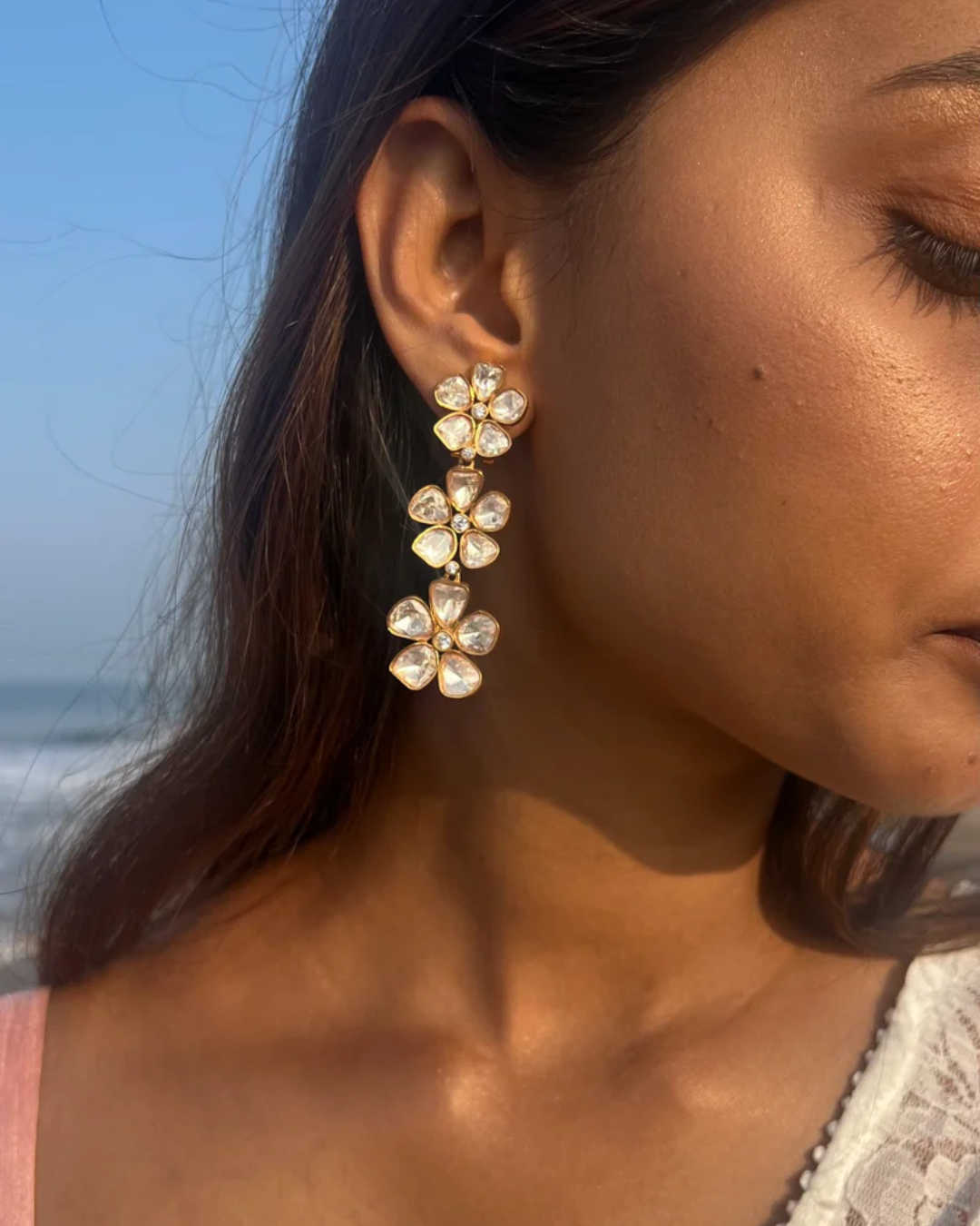 Anika White Polki Earring with Semi-Precious Stone with Barsa Moti