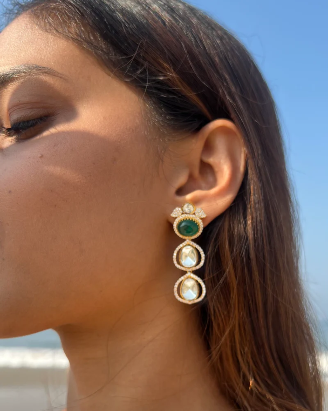 Awara Green and White Polki Earring with Semi-Precious Stone with Barsa Moti