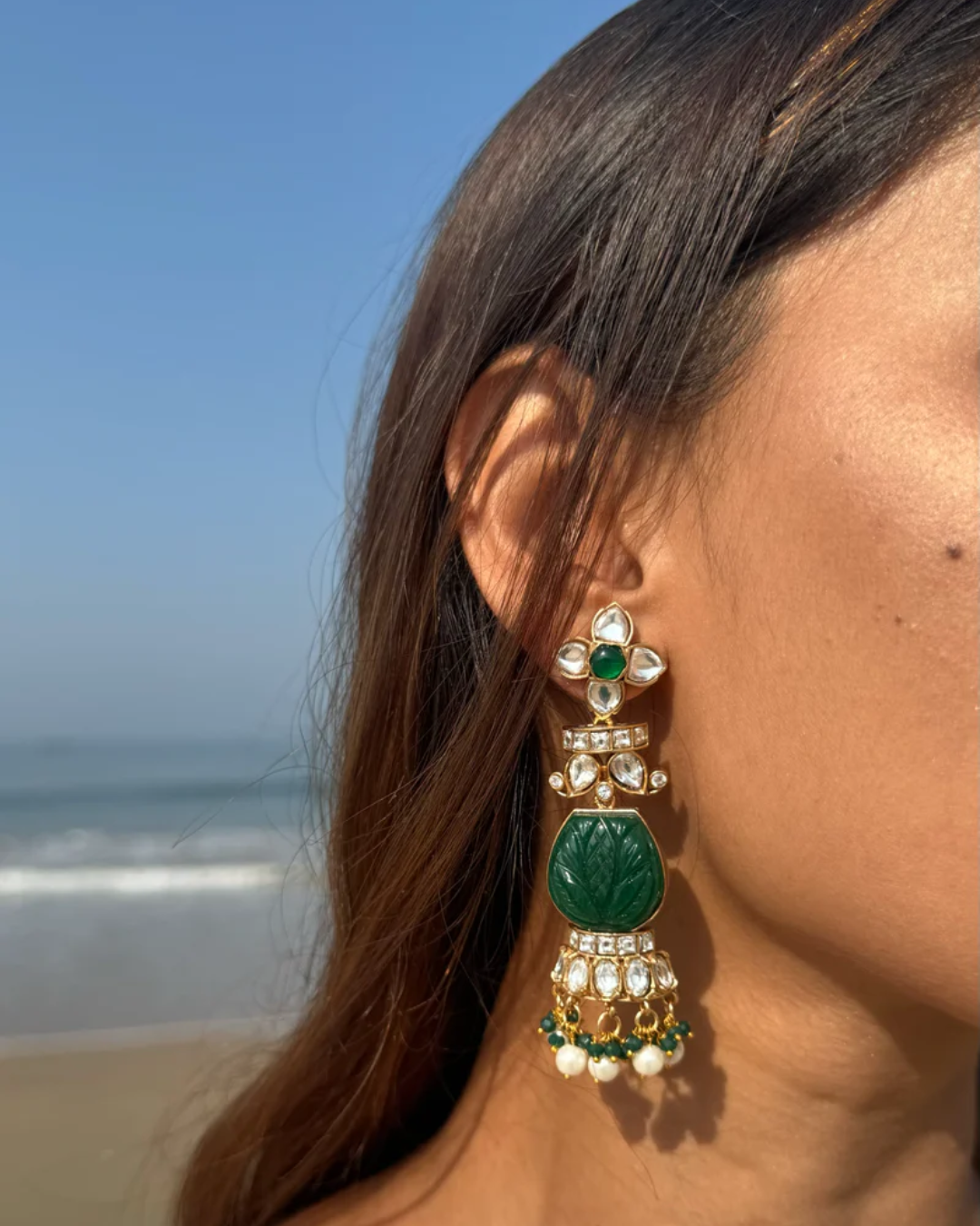 Diya Dark Green Long Polki Earring with Semi-Precious Stone with Barsa Moti