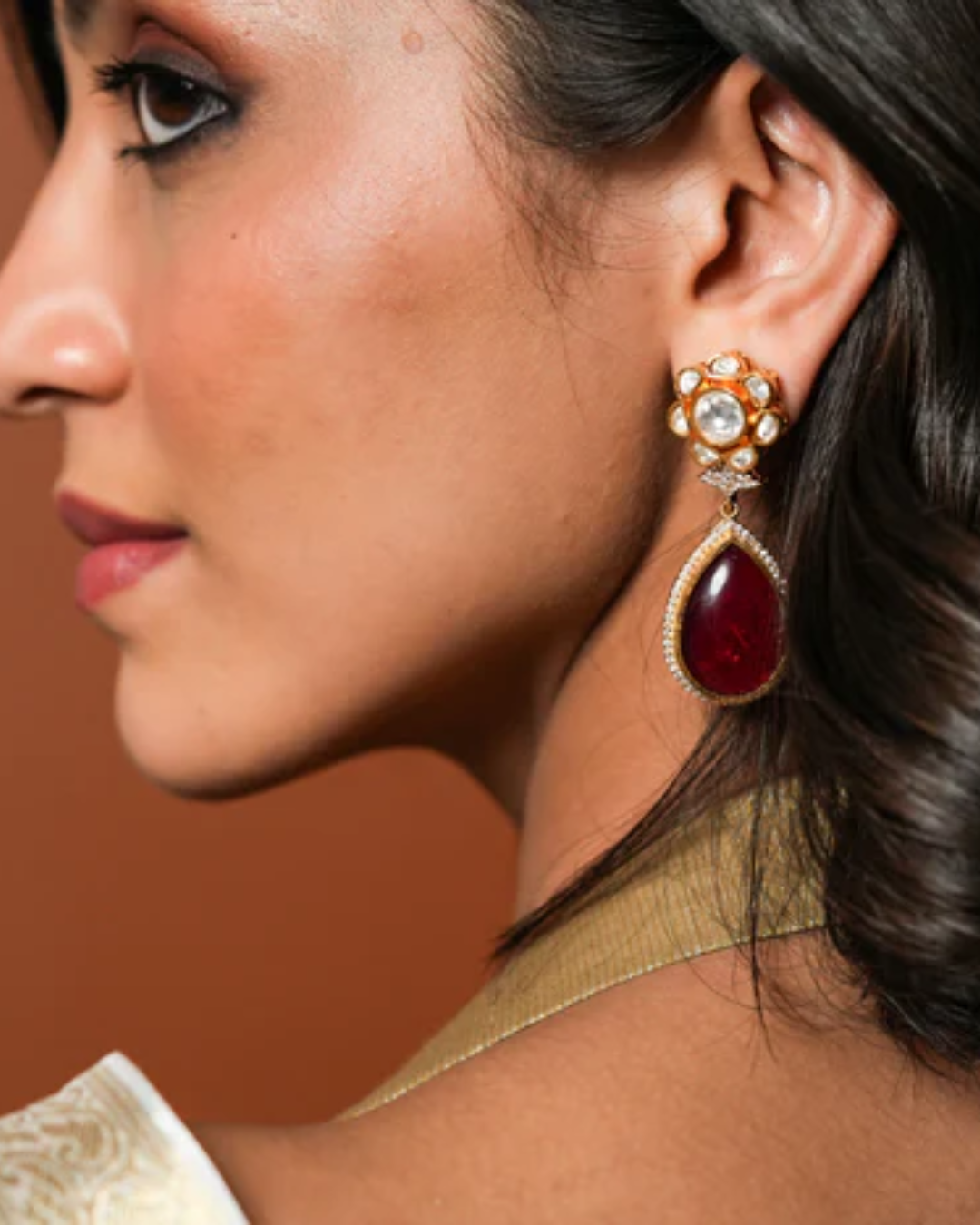 Isha Red Flower Polki Drop Earring