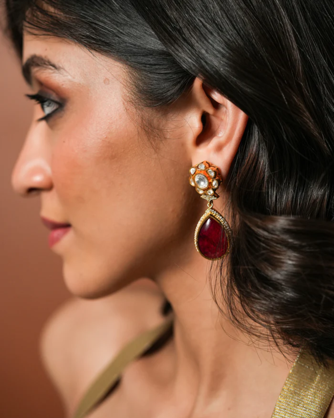 Isha Red Flower Polki Drop Earring