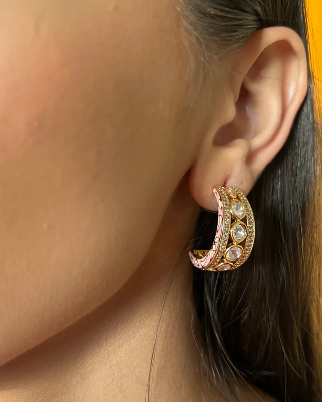 Rinal Moon Shaped Pink & White Hoop Earring