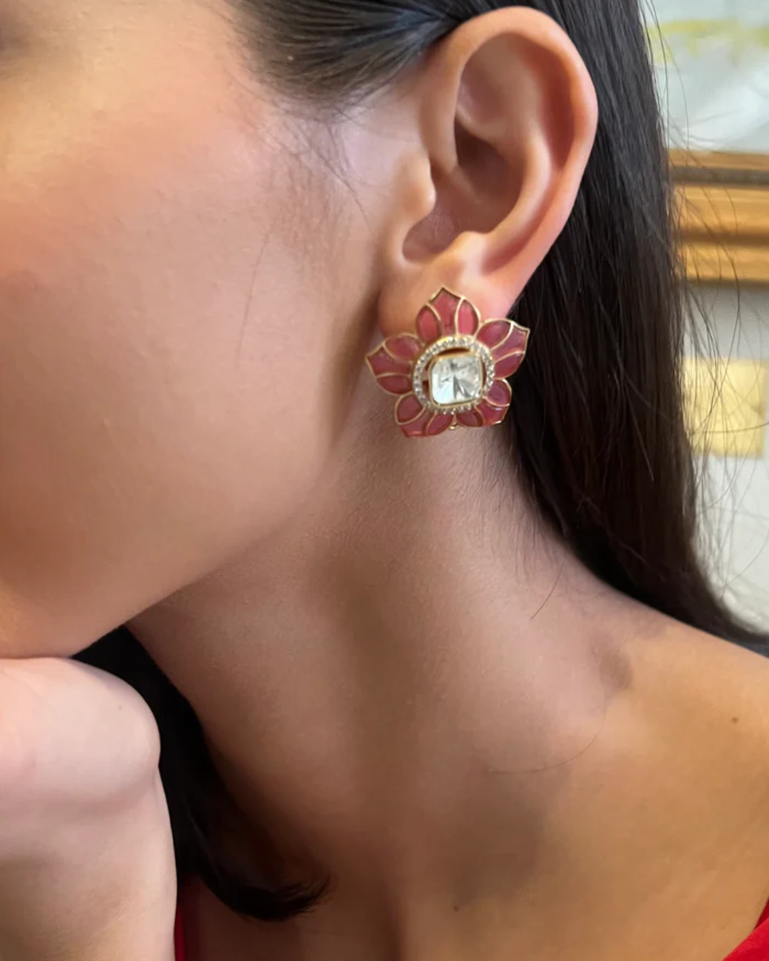 Shriya Flower Shaped Dark Pink Polki Earring