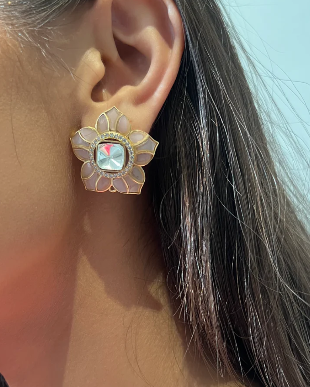 Shriya Flower Shaped Light Pink Polki Earring