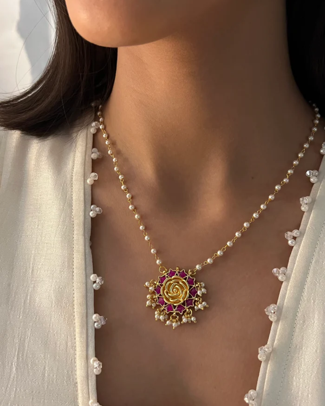 Rohini Rose Shaped Polki with Semi-Precious Stone with Barsa Moti