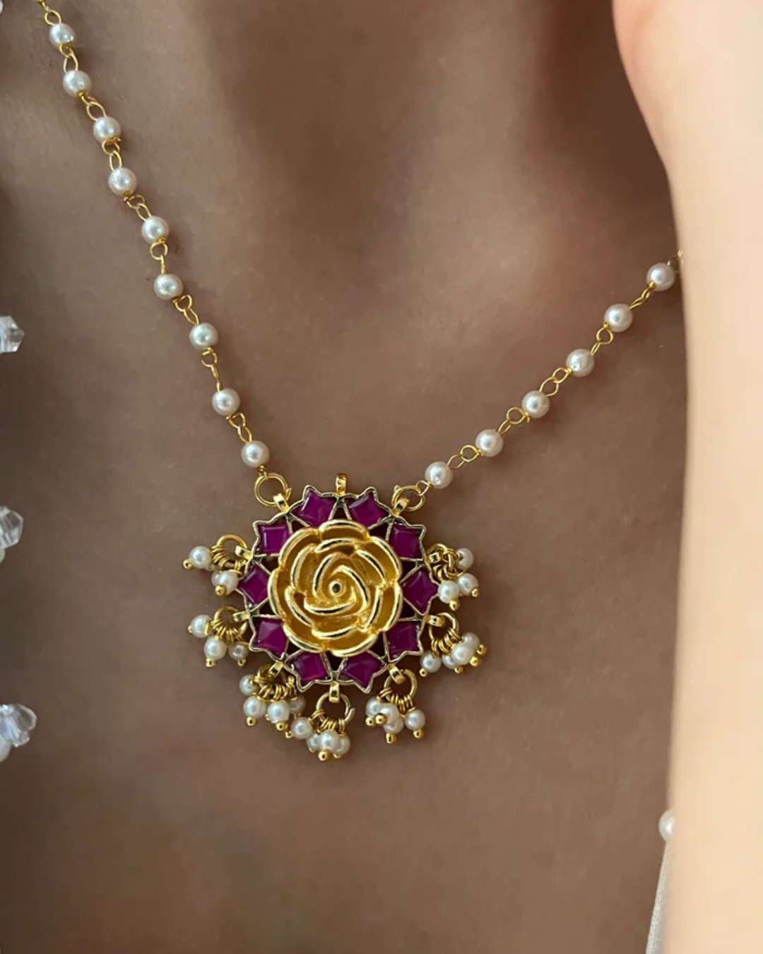 Rohini Rose Shaped Polki with Semi-Precious Stone with Barsa Moti