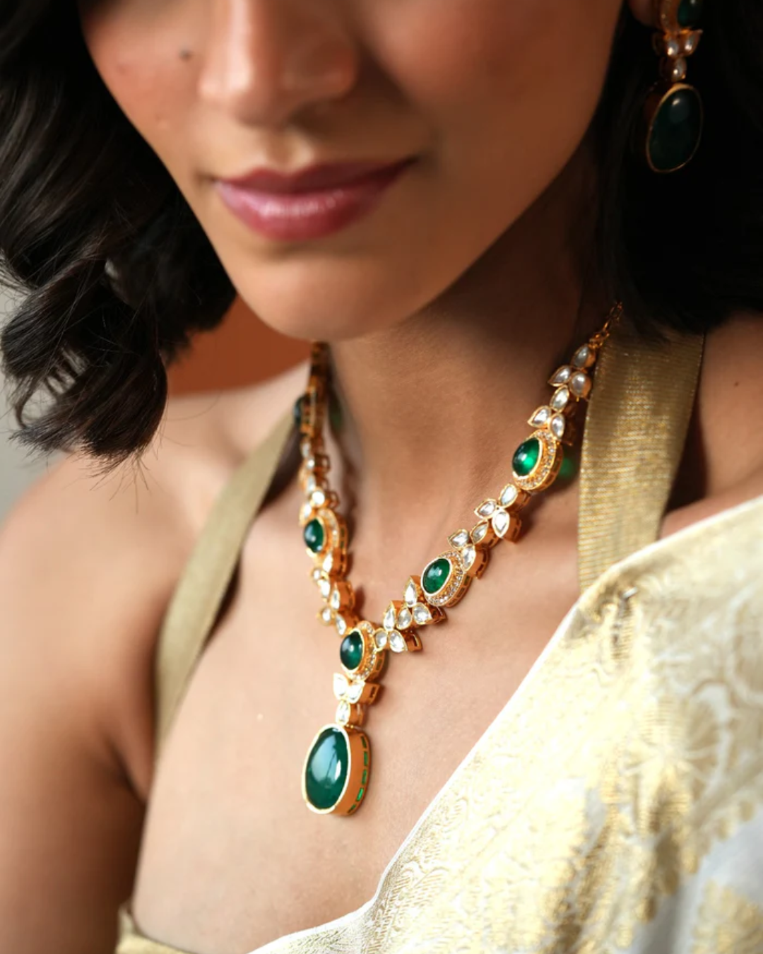 Palak Green Semi Precious Stone and Faux Polki Necklace