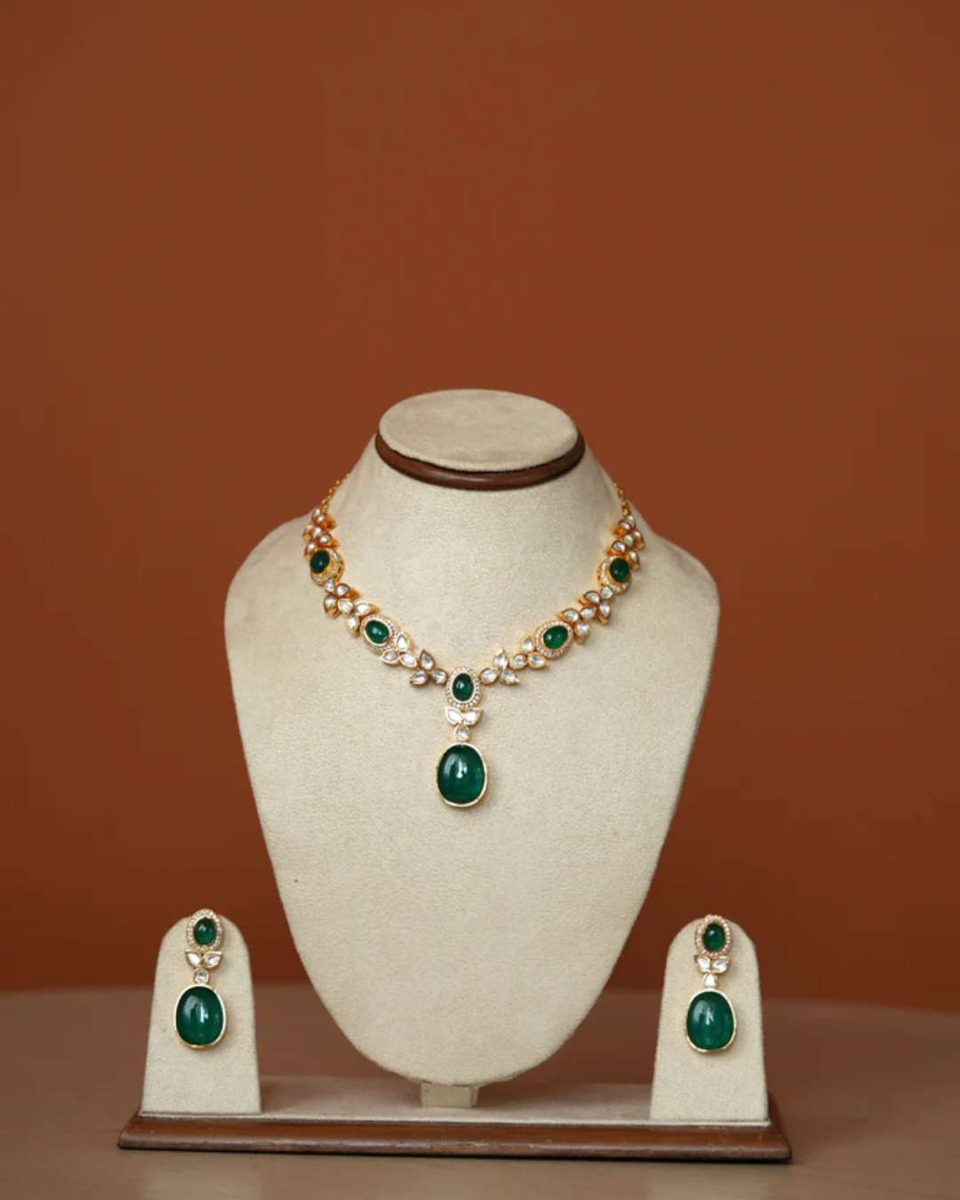 Palak Green Semi Precious Stone and Faux Polki Necklace