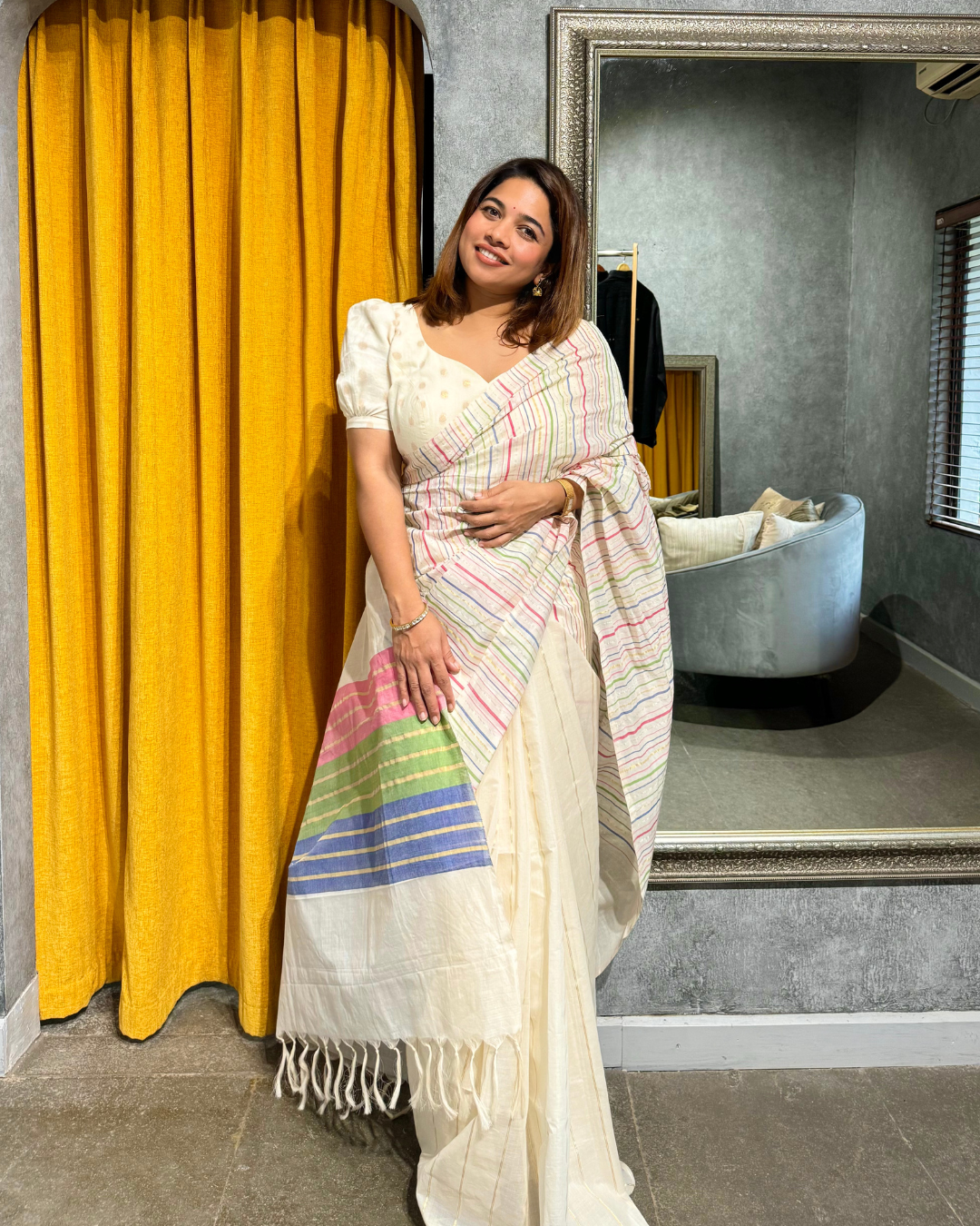 Mazhavillu | Multicolor Wide-Striped Kasavu Saree