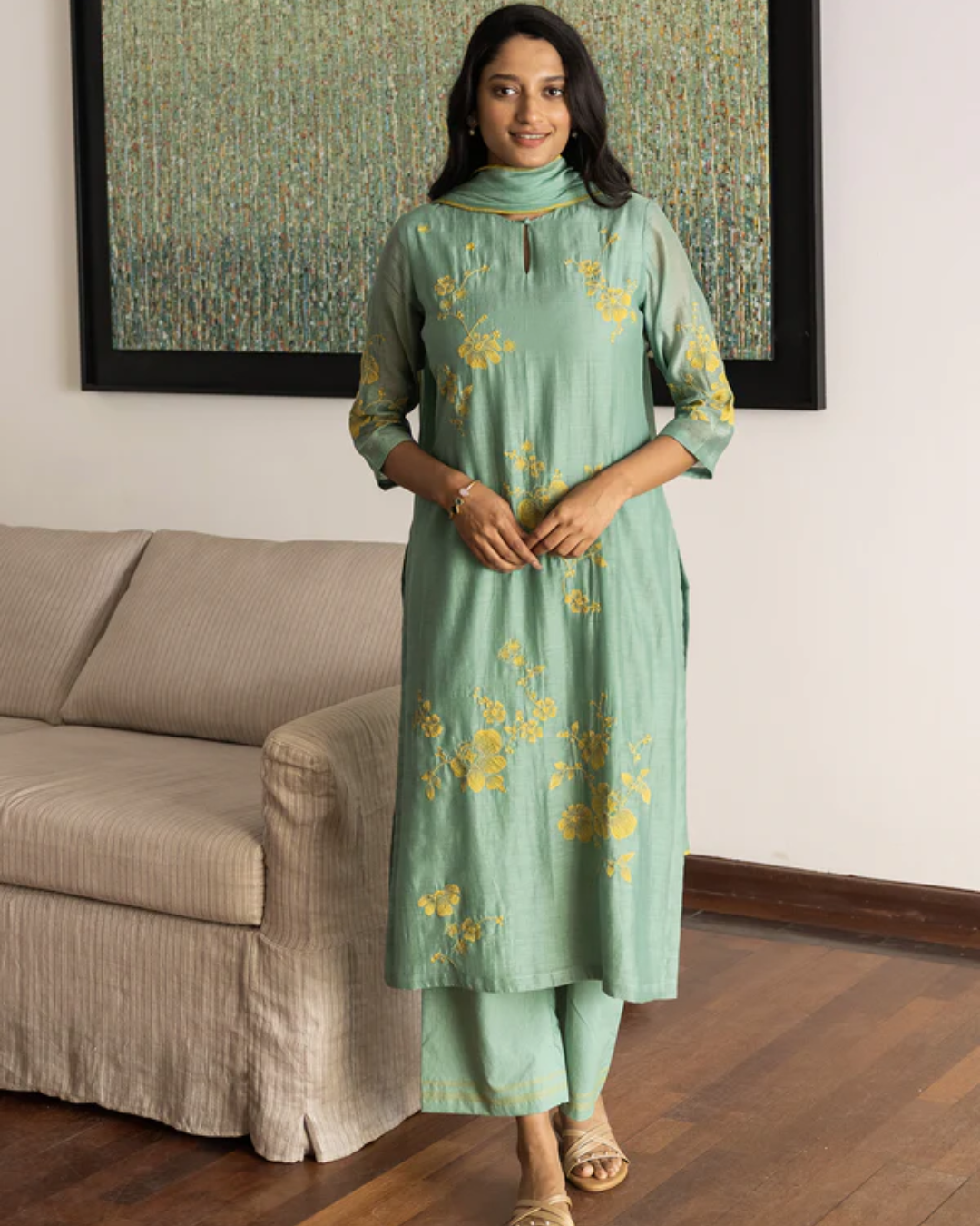 Mint Floral Applique Kurta Set