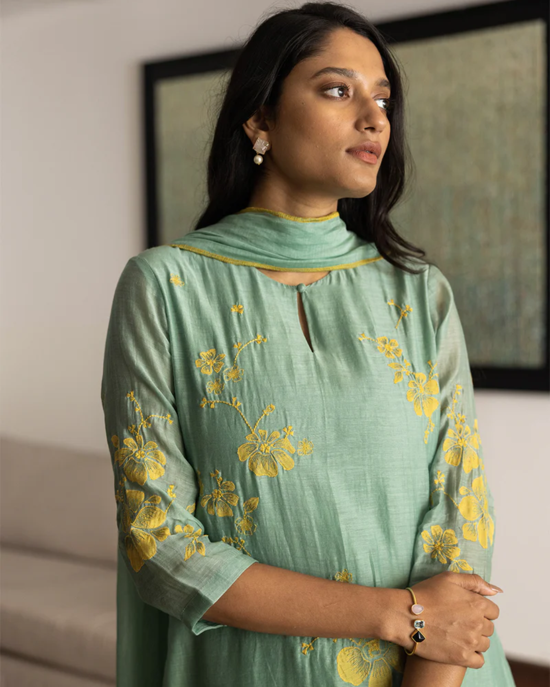 Mint Floral Applique Kurta Set