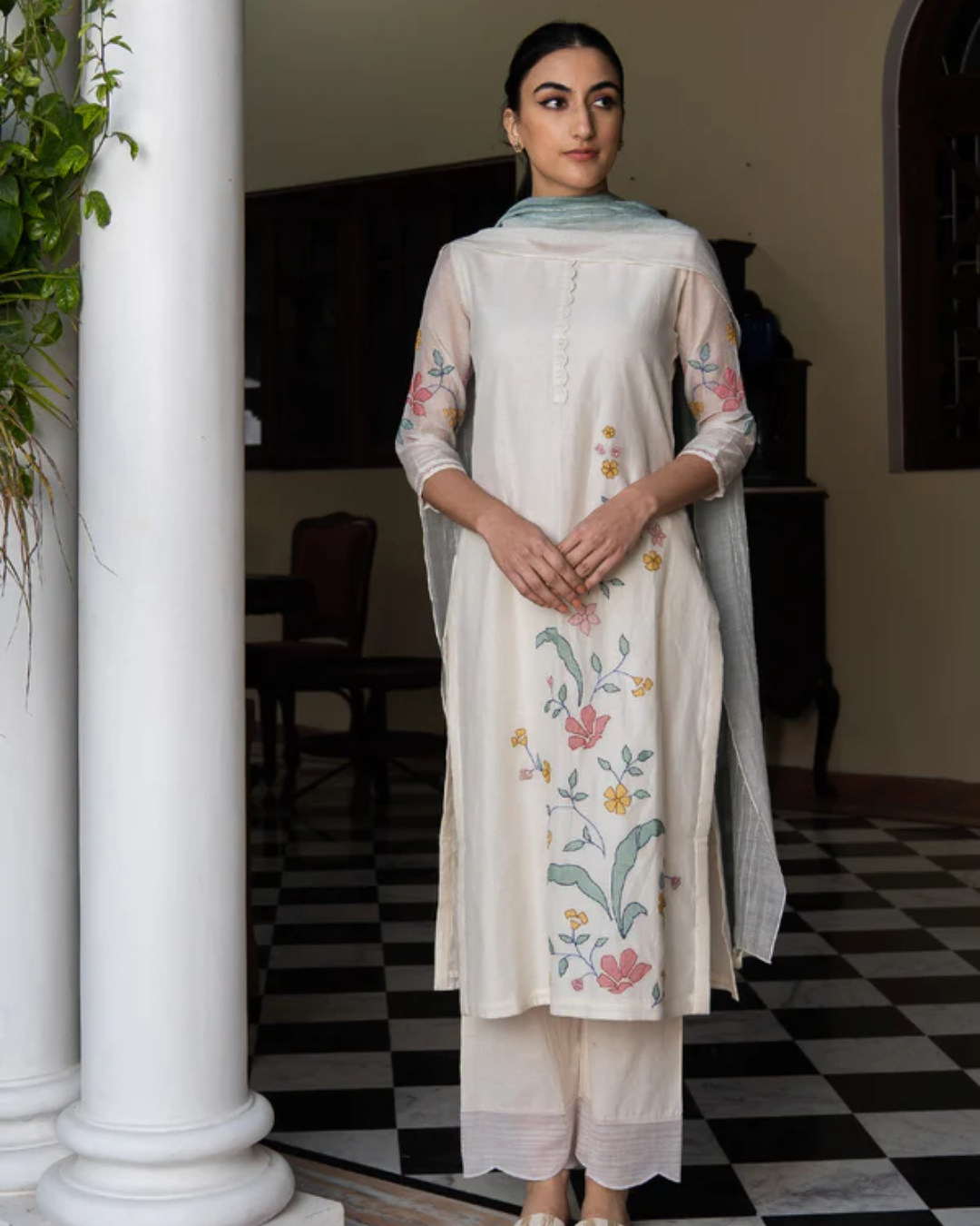 Porcelain and Sage Applique Kurta Set