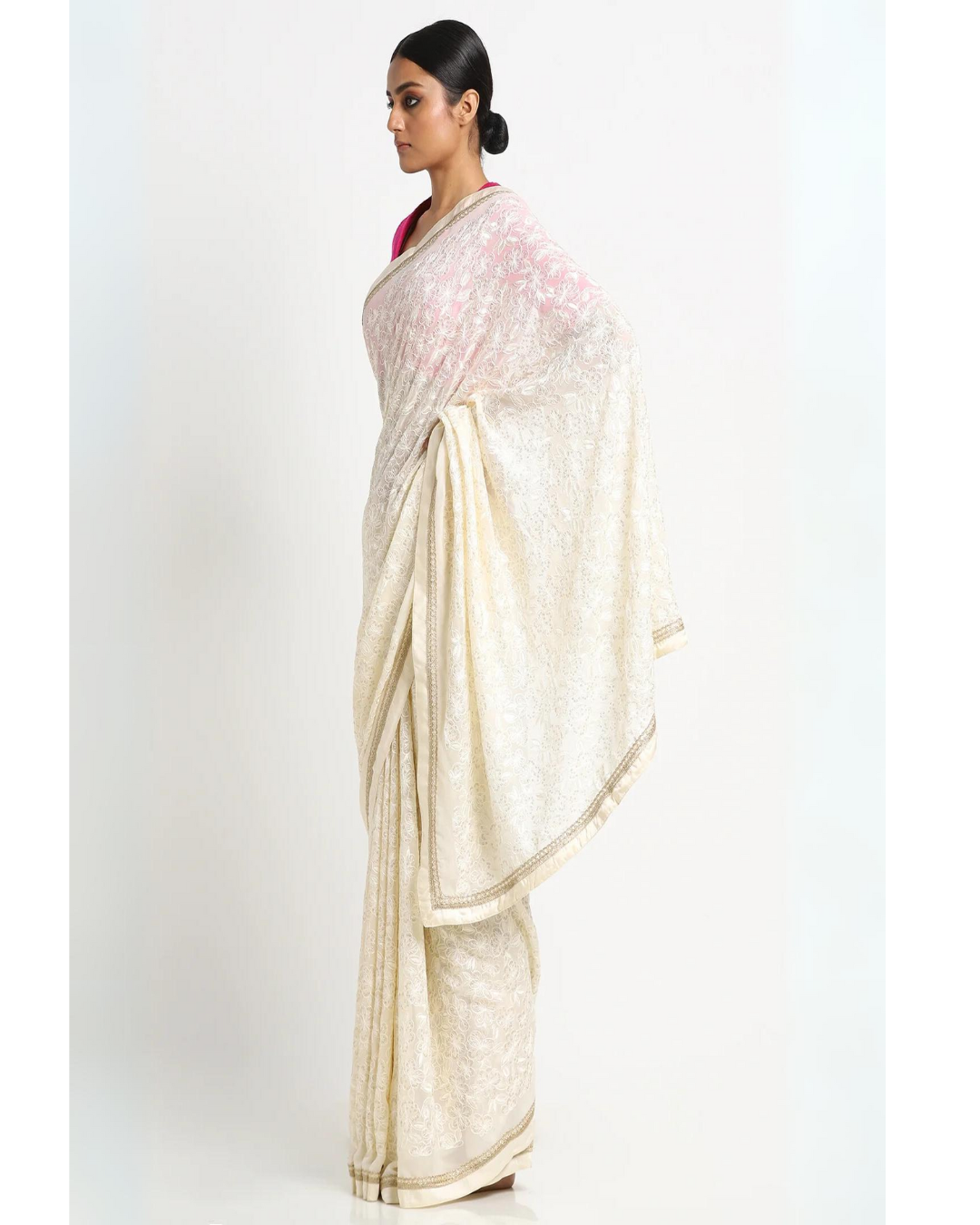 Cream Georgette Embellished Saree