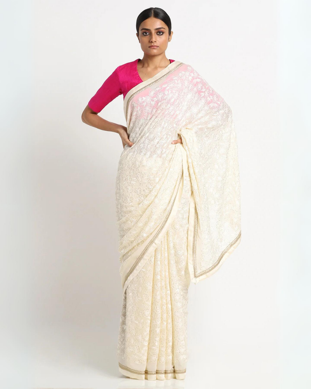 Cream Georgette Embellished Saree