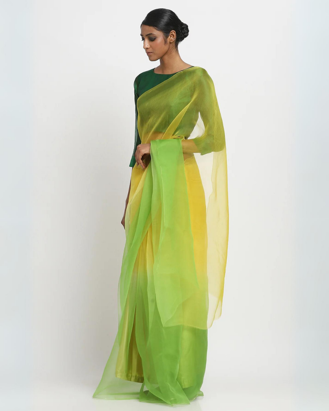 Yellow And Green Ombré Organza Saree