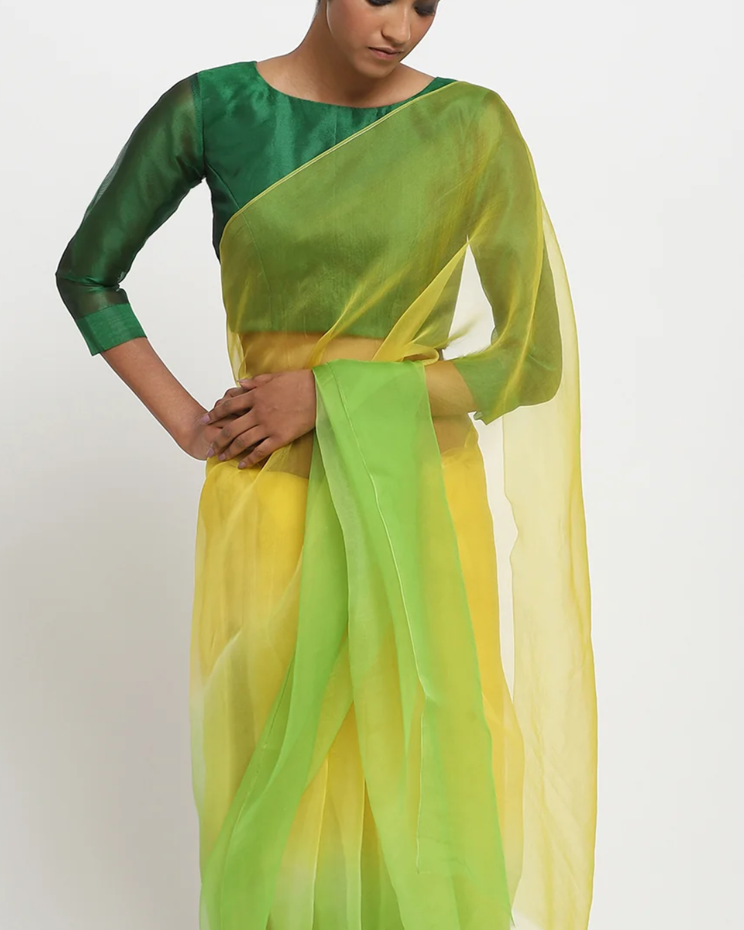 Yellow And Green Ombré Organza Saree