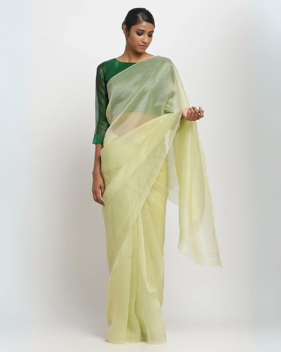 Pista Green Organza Mukaish Ratna Saree