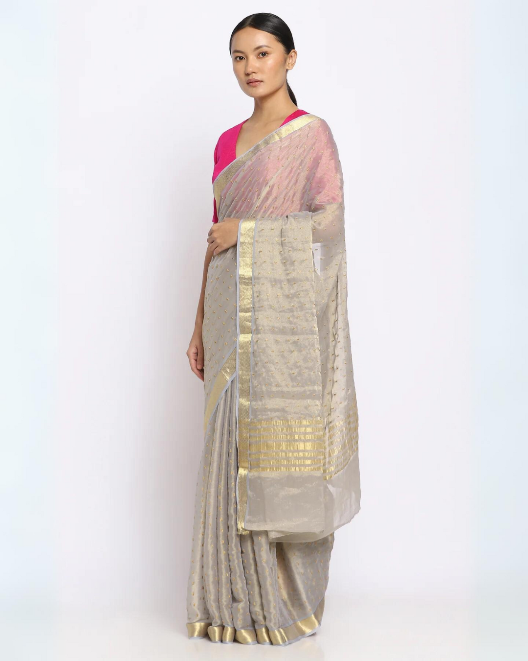 Metallic Silver Georgette Embroidered Saree