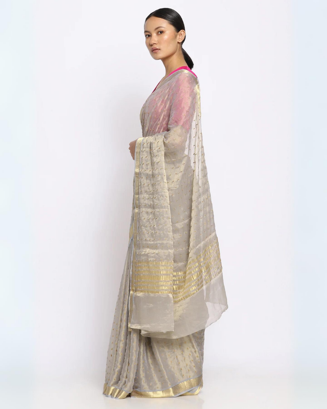 Metallic Silver Georgette Embroidered Saree