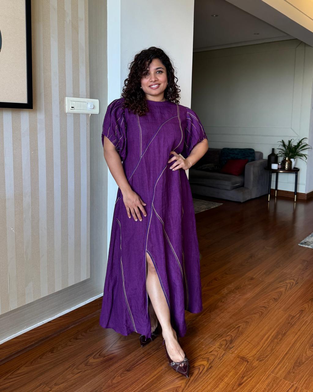 Magdalena Purple Linen Puff Sleeve Dress