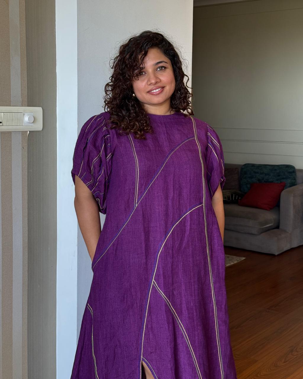 Magdalena Purple Linen Puff Sleeve Dress