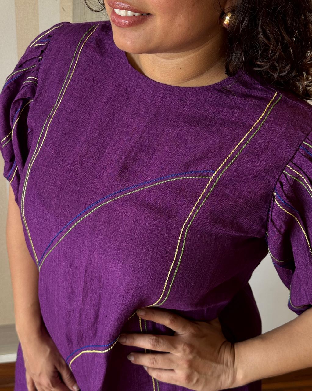 Magdalena Purple Linen Puff Sleeve Dress