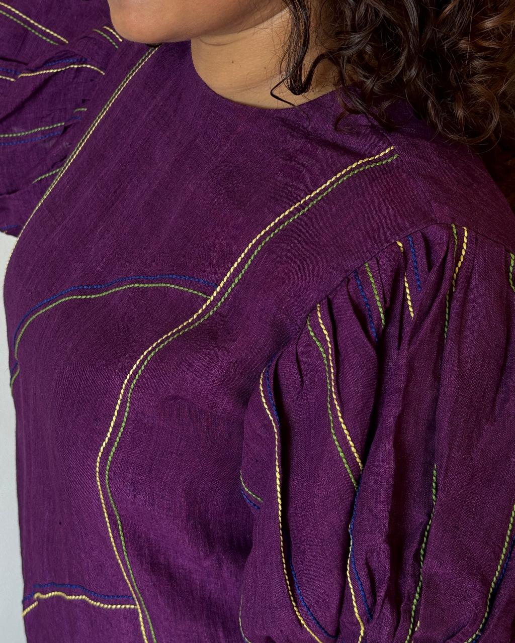 Magdalena Purple Linen Puff Sleeve Dress