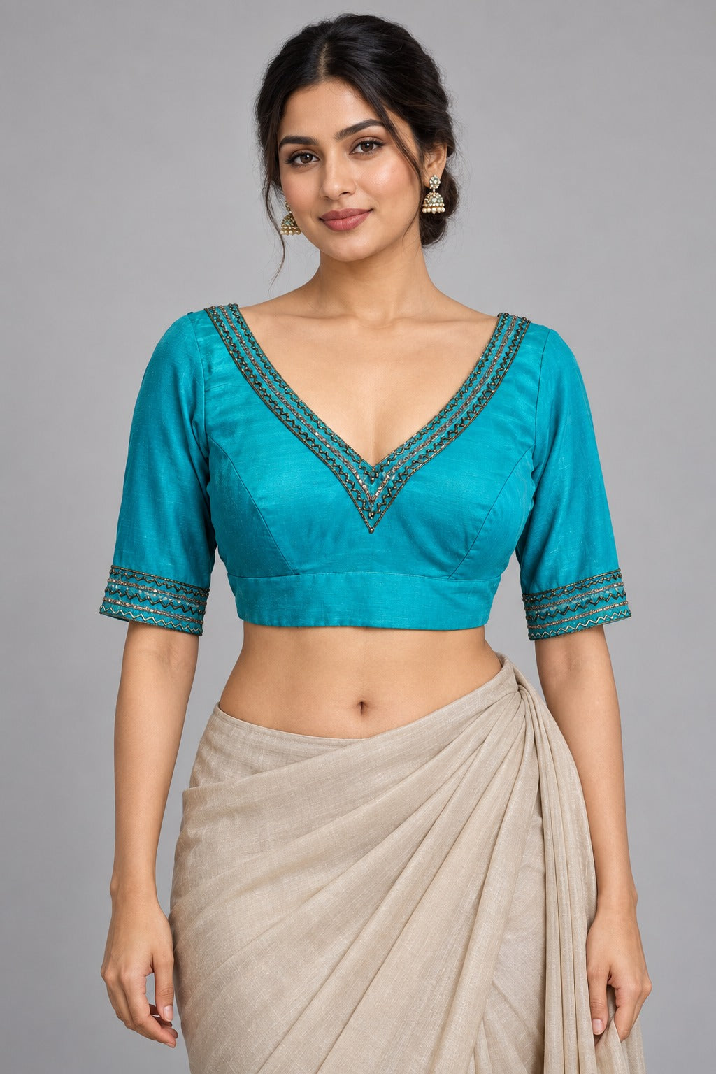 Ziya Sea Blue Embroidered Blouse