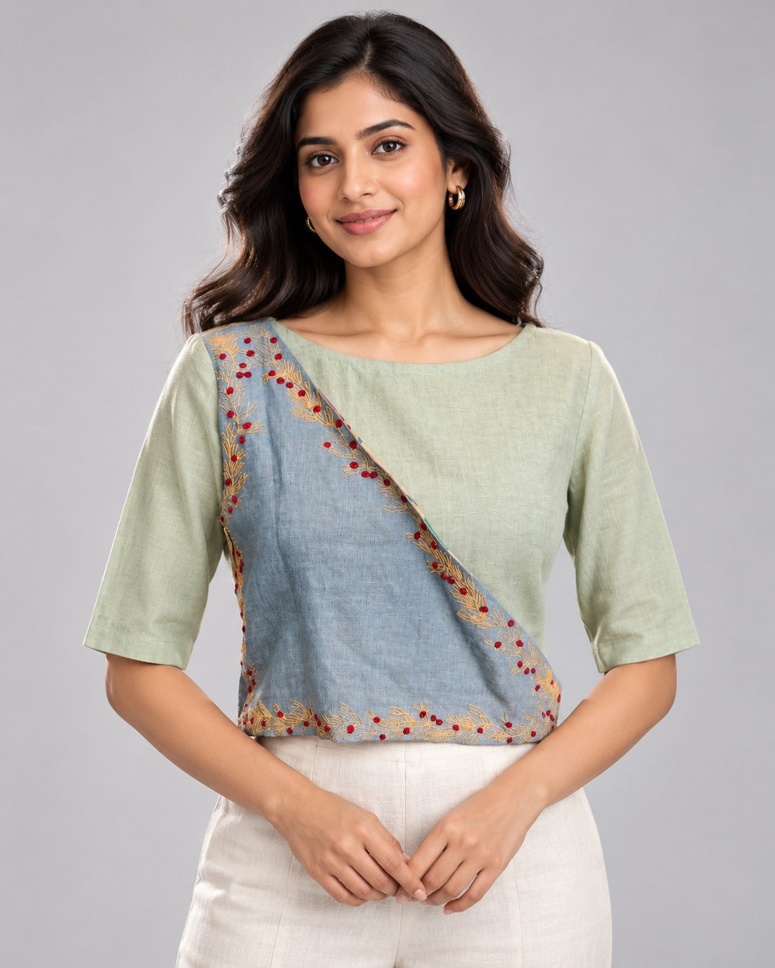 Veda Sage Green Embroidered Top