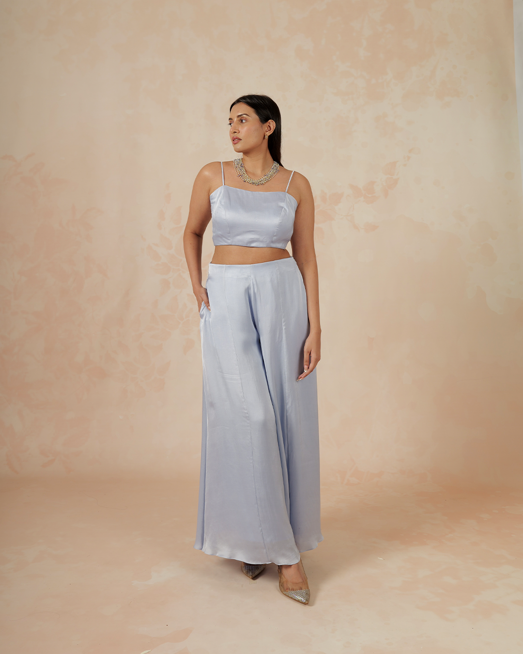 Isha | Greyish Blue Modal Satin Flared Trouser